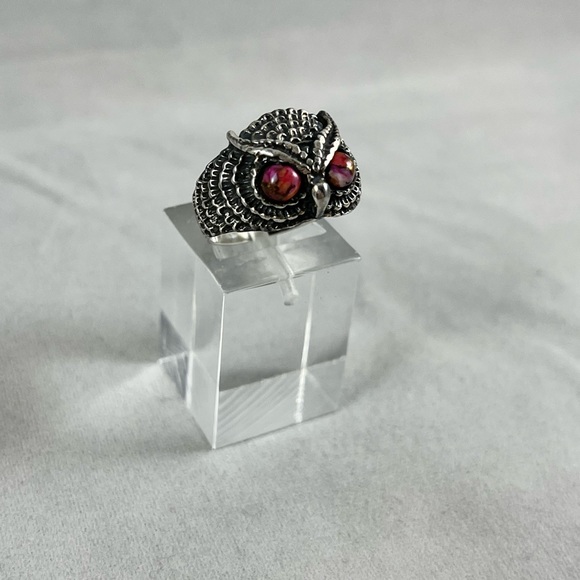 NEW Pink dahlia turquoise owl ring sterling silver - Picture 2 of 8